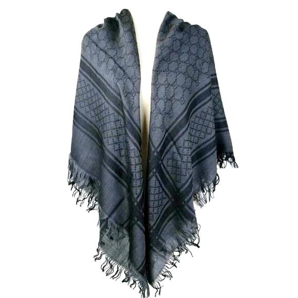 GUCCI Graphite Black Wool Silk Shawl Diamante GG Print Scarf Wrap 544615 NEW - Picture 2 of 12